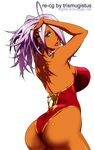  adjusting_hair ahoge armpits ass blue_eyes breasts casual_one-piece_swimsuit dark_skin dragonaut garnet_mclane highres huge_breasts lips lipstick makeup nail_polish one-piece_swimsuit purple_hair red_nails solo swimsuit transparent_background uno_makoto vector_trace 