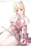  acolyte bare_legs black_gloves blonde_hair blush brown_eyes gloves holding jian looking_at_viewer ragnarok_online rod simple_background solo thighs white_background 