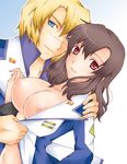  1girl amane_mari bad_id bad_pixiv_id blonde_hair blue_eyes breasts brown_hair gundam gundam_seed gundam_seed_destiny highres large_breasts mu_la_flaga murrue_ramius nipples no_bra open_clothes open_shirt red_eyes shirt short_hair uniform 