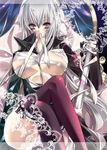  breasts crossed_legs huge_breasts katekyo_hitman_reborn! kyan_(glira) long_hair mouth_hold nipples ribbon silver_eyes silver_hair sitting solo superbi_squalo sword thighhighs weapon 