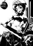  blood dress greyscale hat hatchet higurashi_no_naku_koro_ni junk lowres monochrome nose_hatchet qamakiri ryuuguu_rena short_hair solo 