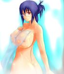  ass bad_id bad_pixiv_id bath blue_hair breasts covered_nipples covering glasses hair_bun huge_breasts long_hair nipples nude nude_cover onibi_(foxhound4185) red_eyes see-through solo towel wet 