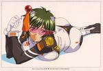  blue_eyes bodysuit border breast_press breasts card_(medium) green_hair gun hair_ornament hands_clasped ikkitousen kyocho_chuukou large_breasts lying official_art on_stomach own_hands_together shadow shiny shiny_hair short_hair simple_background solo sunglasses weapon 
