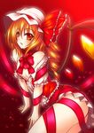  alternate_hairstyle arm_support bad_id bad_pixiv_id bare_shoulders blonde_hair colored_eyelashes drill_hair eyelashes flandre_scarlet hat no_panties one_side_up orange_hair red_eyes ribbon short_hair solo suzuneko_(yume_no_kyoukai) touhou wings 