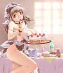  animal_print apron bell bell_collar bottle bowl breasts brown_eyes brown_hair cake cleavage collar cow_print eating egg food fruit glasses large_breasts messy moupii_(hitsuji_no_ki) naked_apron original pastry spoon strawberry 