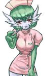  big_breasts breasts clothing dress female gardevoir looking_at_viewer nintendo no_humans nurse pok&#233;mon pok&#233;morph pokemon simple_background smile solo thermometer uniform unknown_artist video_games 
