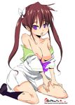  bow breasts brown_hair copyright_request dress hair_bow kneehighs medium_breasts nipples oekaki onija_tarou open_mouth purple_eyes short_dress socks solo twintails 