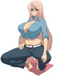  arched_soles bad_id bad_pixiv_id barefoot blue_eyes breasts cleavage curvy denim hidarikiki huge_breasts jeans lips long_hair love_handles midriff navel original pants pink_hair plump sleeves_rolled_up solo spread_legs squatting 