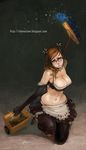  breasts cleavage copyright_request elbow_gloves glasses gloves large_breasts lokman_lam long_hair maid midriff red_hair solo thighhighs 