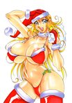  areola_slip areolae azuki_kurenai bikini blonde_hair blue_eyes breasts christmas curvy hat highres huge_breasts long_hair mature open_mouth original santa_hat solo swimsuit thick_thighs thighhighs thighs very_long_hair 
