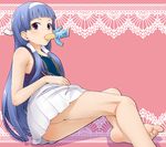  ass bangs barefoot blue_hair blunt_bangs face feet ha-ru hair_tubes hairband kannagi long_hair mouth_hold nagi pleated_skirt purple_eyes sitting skirt solo white_skirt 