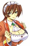  breasts brown_hair cleavage covered_nipples large_breasts michael orange_shirt paffel shirt smile solo summon_night summon_night_2 