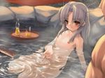  1girl blush bottle daiakuji drink flat_chest game_cg grey_hair nipples nude onigirikun onsen orange_eyes partially_submerged sitting solo_focus takega_satsu tray water wet 