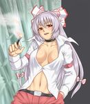  bangs breasts choker cigarette fujiwara_no_mokou houtengeki large_breasts long_hair navel purple_hair red_eyes solo touhou 