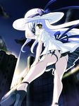  bad_id bad_pixiv_id black_panties cinque_(nanoha) dress eyepatch from_below hat high_heels kunai lavender_hair long_hair looking_back lyrical_nanoha mahou_shoujo_lyrical_nanoha_strikers numbers_(nanoha) panties pantyshot ribbon roku_usagi shoes solo underwear upskirt weapon yellow_eyes 