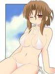  bikini bikini_in_mouth breasts brown_eyes brown_hair cleavage collarbone folded_ponytail groin hayate_no_gotoku! kurappii large_breasts maria_(hayate_no_gotoku!) mouth_hold navel one_eye_closed side-tie_bikini solo swimsuit 