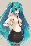  armpits flat_chest green_eyes green_hair hands hatsune_miku long_hair microphone mouth_hold nipples skirt solo tamaki_fuyu topless twintails vocaloid 