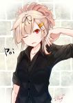  1girl alternate_costume alternate_hairstyle arm_up baileys_(tranquillity650) black_shirt blonde_hair collarbone commentary_request eyebrows_visible_through_hair hair_between_eyes hair_flaps hair_ornament hairclip highres kantai_collection looking_at_viewer one_eye_closed open_mouth red_eyes remodel_(kantai_collection) shirt sidelocks signature sleeves_folded_up solo yuudachi_(kantai_collection) 