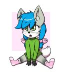  2019 aggie_(artist) anthro arctic_fox blue_hair bow canid canine clothed clothing cub digital_media_(artwork) female fox fur green_eyes grey_fur hair legwear looking_up mammal on_ground open_mouth simple_background sitting socks solo sweater white_fur young 