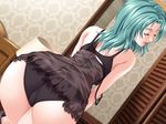  aqua_hair ass black_bra black_panties bra cameltoe closed_eyes game_cg ginpachi lingerie lipstick makeup negligee panties sakana_fumie see-through shiosai_no_himei solo strap_slip trefoil underwear 