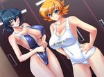  2girls alternate_hairstyle armpits bangs black_hair blonde_hair blue_eyes blue_swimsuit blush breasts casual_one-piece_swimsuit center_opening character_name cleavage collarbone covered_navel cowboy_shot dressing dutch_angle erect_nipples flipped_hair game_cg green_eyes groin hair_ribbon hair_up hands_on_hips high_ponytail highleg highleg_swimsuit hips huge_breasts igawa_asagi igawa_sakura indoors kagami kagami_hirotaka light_smile lilith-soft locker locker_room long_hair looking_at_viewer multiple_girls name_tag naughty_face one-piece_swimsuit orange_hair ponytail ribbon school_swimsuit shiny shiny_clothes shiny_hair shiny_skin short_hair siblings sideboob single_vertical_stripe sisters smile standing swimsuit taimanin_(series) taimanin_asagi taimanin_murasaki thighs two_side_up unzipped white_school_swimsuit white_swimsuit zipper 