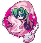  angeltype chibi clock green_eyes green_hair hair_over_one_eye hat kazami_yuuka kazami_yuuka_(pc-98) long_hair lowres nightcap nightgown pillow pillow_hug ribbon solo touhou touhou_(pc-98) 