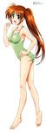  :d absurdres armpits ass barefoot breasts casual_one-piece_swimsuit cleavage cleavage_cutout feet fingernails from_side full_body green_swimsuit hand_on_hip highres kneepits large_breasts legs long_fingernails long_hair long_image long_legs looking_at_viewer lyrical_nanoha mahou_shoujo_lyrical_nanoha_strikers official_art okuda_yasuhiro one-piece_swimsuit open_mouth purple_eyes red_hair scan scrunchie shiny shiny_hair side_ponytail simple_background smile soles solo standing stick_poster swimsuit takamachi_nanoha tall_image very_long_hair white_background 