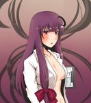  bad_id bad_pixiv_id breasts cleavage crescent crescent_hair_ornament hair_ornament long_hair medium_breasts no_bra open_clothes open_shirt patchouli_knowledge purple_hair red_eyes ribbon shirt solo touhou urita_(vivivinicol) 