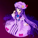  bow hat highres hiromi_(artist) long_hair patchouli_knowledge pink_bow purple_eyes purple_hair solo touhou 