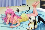  absurdres ahoge arm_support barefoot bed breasts cleavage detexted feet green_eyes highres hori_taeko lala_satalin_deviluke large_breasts long_hair naked_towel non-web_source peke pink_hair soles solo tail third-party_edit to_love-ru towel very_long_hair 