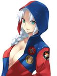  alternate_costume aqua_eyes blue_eyes braid breasts casual center_opening cleavage contemporary hair_over_shoulder hood hooded_jacket jacket large_breasts no_bra open_clothes open_mouth silver_hair single_braid smile solo touhou yagokoro_eirin yurikawa 