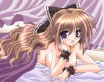  bed bow breasts brown_hair cleavage copyright_request hair_bow large_breasts long_hair lying purple_eyes solo topless waiai wrist_cuffs 