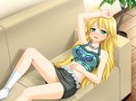  ahoge arm_up bad_id bad_pixiv_id blonde_hair casual couch green_eyes hand_on_own_head hoshii_miki hot idolmaster idolmaster_(classic) idolmaster_1 jewelry leg_up long_hair lying midriff miniskirt necklace on_back pencil_skirt plant potted_plant skirt solo sweat totokichi 