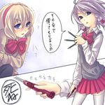  alice_margatroid bad_id bad_pixiv_id blonde_hair blue_eyes boxcutter hairband izayoi_sakuya mihiin multiple_girls ribbon short_hair silver_hair thighhighs touhou translated 