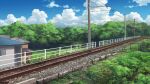  blue_sky building cloud commentary day grass highres ito_eri no_humans original plant power_lines railing railroad_tracks scenery sky tree utility_pole 