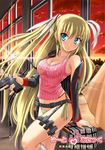  bad_id bad_pixiv_id blonde_hair blue_eyes breasts cleavage fujishima_shinnosuke gun little_busters! long_hair medium_breasts no_pants panties side-tie_panties solo sunset tank_top thigh_strap tokido_saya underwear weapon 