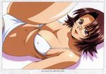  :d bangs bikini breasts brown_hair cleavage covered_nipples glasses ikkitousen large_breasts leg_up lipstick looking_at_viewer lying makeup mature navel on_back open_mouth parted_bangs purple_eyes red_lipstick shadow sideboob smile solo sonsaku_goei spread_legs swimsuit white_bikini 