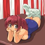  ass bad_id bad_pixiv_id blush bored breast_press breasts chin_rest dd_(ijigendd) feet grey_eyes large_breasts lying on_stomach one-piece_swimsuit original red_hair school_swimsuit socks solo swimsuit thighhighs white_legwear 