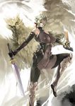  abs armor bh001 bird blonde_hair bodysuit breasts cameltoe copyright_request covered_nipples elbow_gloves gloves green_eyes huge_breasts katana muscle navel ninja skin_tight sky solo sword thick_thighs thighs tight weapon 