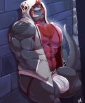  2019 abs absurd_res against_wall anthro biceps big_muscles brick_wall bulge chest_tuft clothing cursedmarked dinosaur english_text facial_hair glowing glowing_eyes goatee grin hair hi_res hoodie jockstrap licking licking_lips looking_at_viewer male muscular muscular_male open_mouth pecs pubes red_hair reptile scalie sideburns simple_background smile solo standing sweater tagg teeth text theropod tongue tongue_out tuft tyrannosaurid tyrannosaurus tyrannosaurus_rex underwear vein 