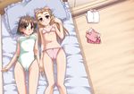  bed bikini brown_eyes brown_hair cameltoe covered_nipples flat_chest front-tie_top gokubuto_mayuge hagiwara_yukiho idolmaster idolmaster_(classic) idolmaster_1 long_hair lying minase_iori multiple_girls one-piece_swimsuit short_hair side-tie_bikini swimsuit 