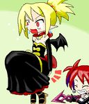  artist_request bat_wings blonde_hair blush bow breasts cleavage demon_girl disgaea dress elbow_gloves etna flat_chest gloves lowres makai_senki_disgaea_2 multiple_girls pointy_ears polearm red_eyes red_hair rozalin small_breasts spear strapless strapless_dress strappy_heels tail twintails weapon wings yellow_bow 