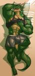  2019 abs anthro bed biceps bulge claws clothed clothing dragon eyes_closed flexing green_scales hand_under_clothes high-angle_view horn horn_ring invalid_tag jewelry lying male muscular muscular_male necklace nipples nomorebiscuit on_back open_mouth partially_clothed pecs pillow ragner scales scalie shirt shorts simple_background sleeping solo tan_scales tank_top thick_tail underwear vein 