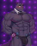  2019 abs absurd_res anthro biceps bow_tie bulge canid canine canis clothed clothing digital_media_(artwork) fur hi_res kemono male mammal money muscular muscular_male nipples pecs sheepgnyook skimpy stripper thong underwear 