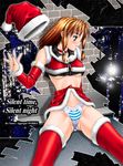  breasts christmas detached_sleeves hat medium_breasts navel original panties red_hair santa_costume santa_hat sitting solo striped striped_panties thighhighs underboob underwear yuuse_kouichi 