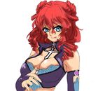  blue_eyes breasts bridal_gauntlets cleavage drill_hair elbow_gloves gloves large_breasts red_hair solo super_robot_wars super_robot_wars_z tongue xine_espio 