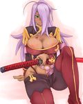  areolae breasts cleavage_cutout covered_nipples crop_top dark_skin dragonaut garnet_mclane green_eyes hair_over_one_eye huge_breasts katana long_hair panties purple_hair smile solo sword thong underwear weapon 