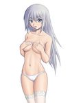  210ten blue_eyes blue_hair breasts covering covering_breasts long_hair medium_breasts original panties solo thighhighs topless underwear white_legwear 