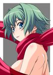  blue_eyes breasts green_hair kouda_tomohiro medium_breasts nipples original red_scarf scarf short_hair smile solo 