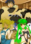  artist_request bad_anatomy cow cow_girl multiple_girls original overalls thighhighs 